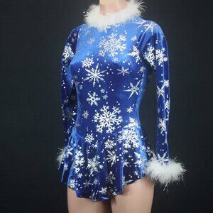 Blue Velvet Metallic Sliver Snow Flake Faux Fur Collar/Cuffs Long Sleeve Leotard